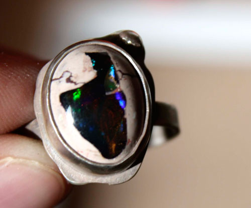 A thousand fires, reflection ring in sterling silver and cantera opal