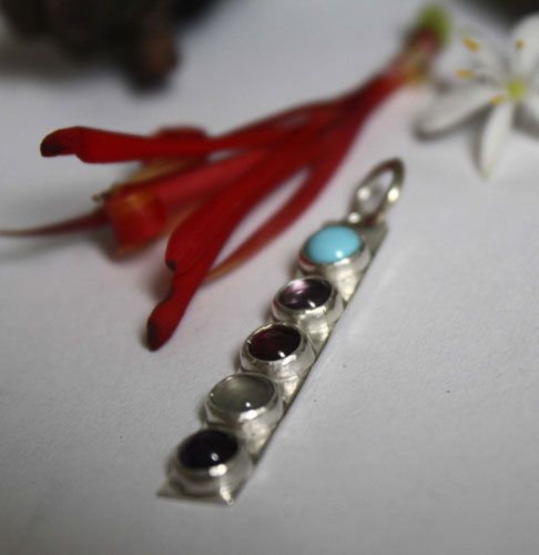 Anuha, family birthstones pendant in silver, turquoise, alexandrite, amethyst, garnet and aquamarine