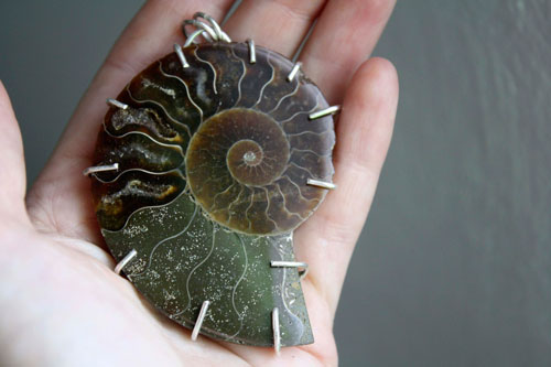 Cephalopoda, witness history pendant in sterling silver and fossilized ammonite