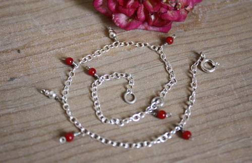 Coral, coral reef anklet and bracelet in silver and red coral