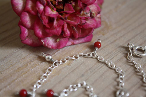 Coral, coral reef anklet and bracelet in silver and red coral