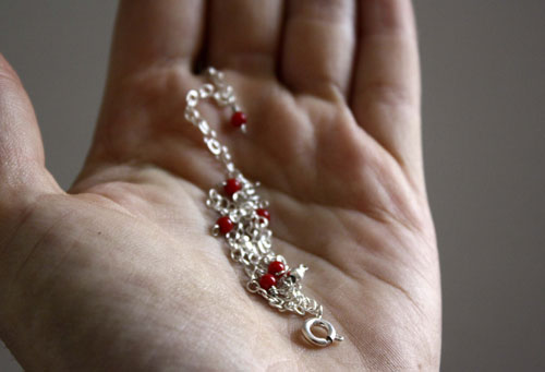 Coral, coral reef anklet and bracelet in silver and red coral