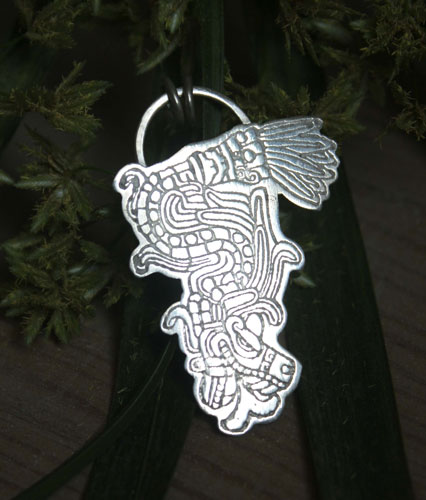 Feathered Serpent, Quetzalcoatl aztec god pendant in sterling silver