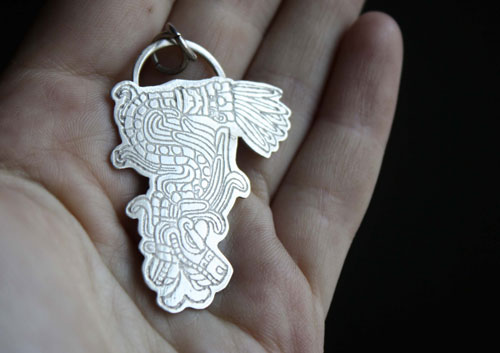 Feathered Serpent, Quetzalcoatl aztec god pendant in sterling silver