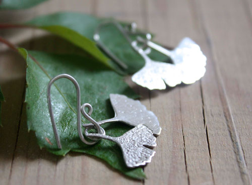 Ginkgo biloba, vegetal leaf earrings in sterling silver