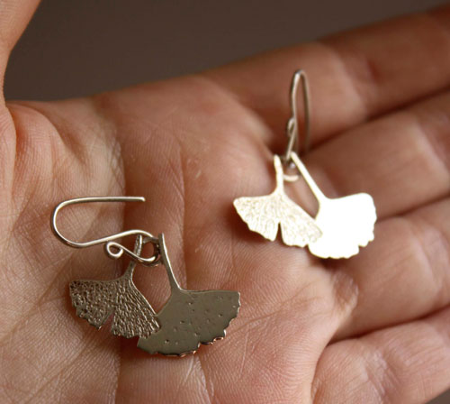 Ginkgo biloba, vegetal leaf earrings in sterling silver