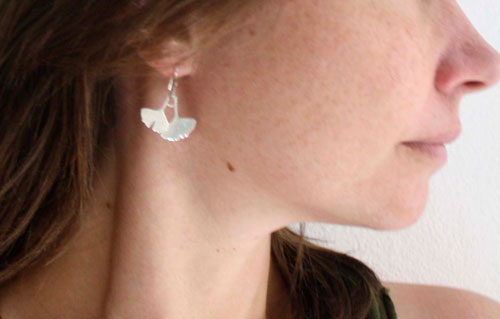 Ginkgo biloba, vegetal leaf earrings in sterling silver