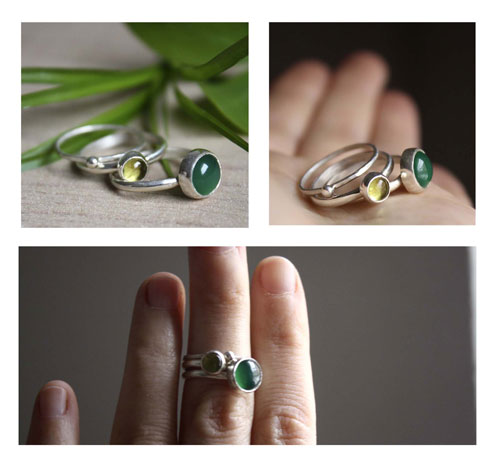 Green tea from Himalaya, stacking ringin silver, green agate and peridot