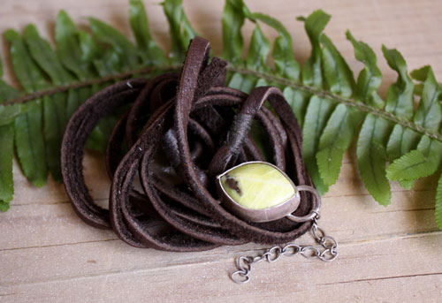 Hemere, greek light bracelet in sterling silver, leather and lemon jade