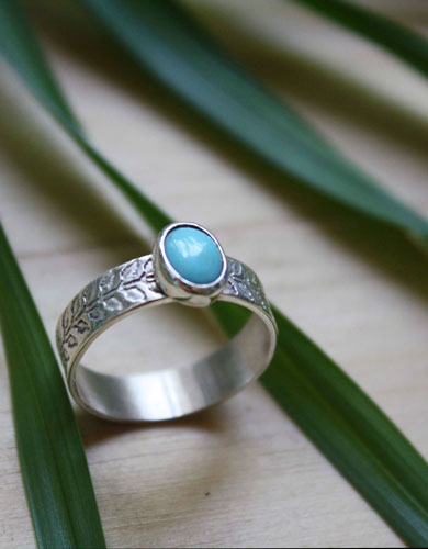 Ipomoea, ivy etched ring in sterling silver and turquoise