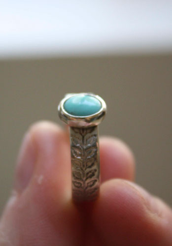 Ipomoea, ivy etched ring in sterling silver and turquoise