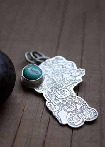 Kukulkan, the Mayan feathered serpent pendant in silver and turquoise