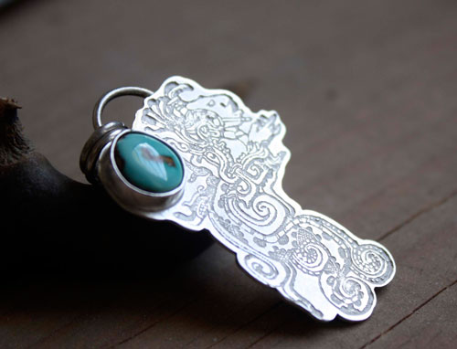 Kukulkan, the Mayan feathered serpent pendant in silver and turquoise