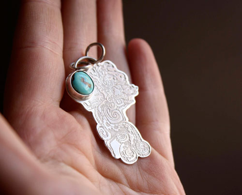 Kukulkan, the Mayan feathered serpent pendant in silver and turquoise