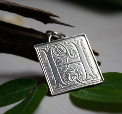 Lettrine, medieval illumination initial pendant in sterling silver