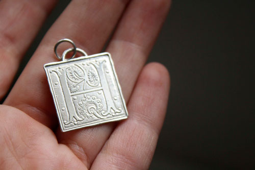 Lettrine, medieval illumination initial pendant in sterling silver