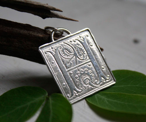 Lettrine, medieval illumination initial pendant in sterling silver