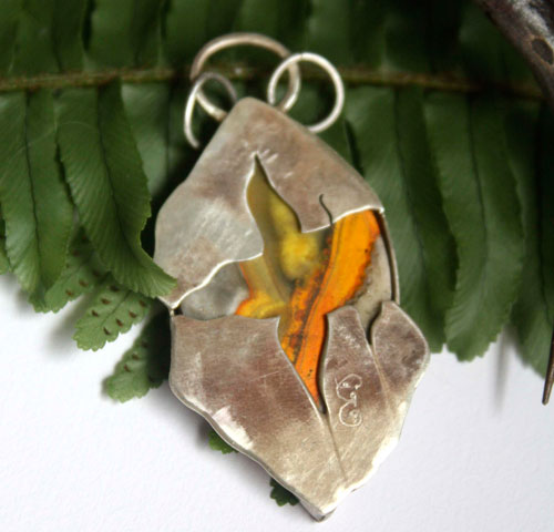 Liekki, fire and lightning pendant in sterling silver and bumblebee jasper