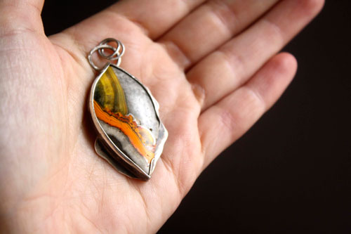 Liekki, fire and lightning pendant in sterling silver and bumblebee jasper