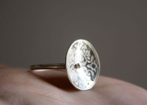 Lyric, medieval etched ring in sterling silver