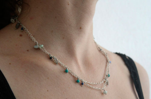 Majorelle, blue necklace, choker, anklet, bracelet in silver, turquoise, amazonite, labradorite, lapis lazuli and jade