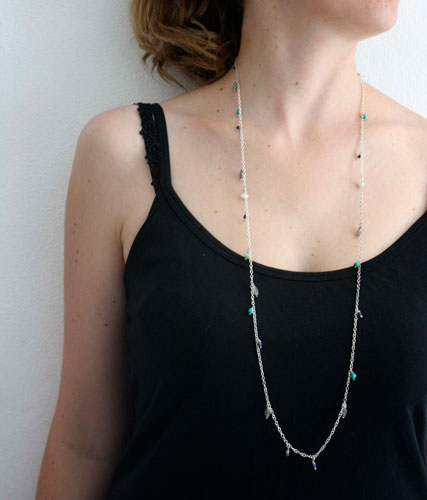 Majorelle, blue necklace, choker, anklet, bracelet in silver, turquoise, amazonite, labradorite, lapis lazuli and jade