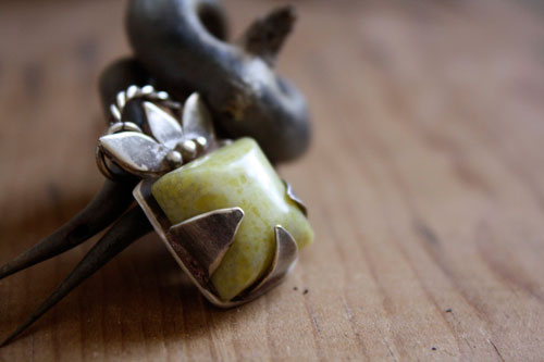 Manjano, imaginary square fruit pendant in sterling silver and lemon jade