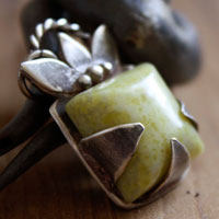 Manjano, imaginary square fruit pendant in sterling silver and lemon jade