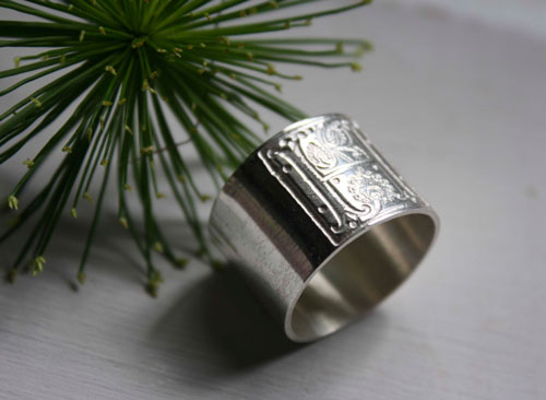 Medieval illumination, one square middle ages illumination initial ring in sterling silver