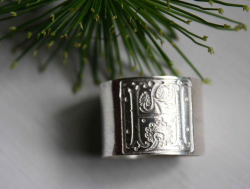 Medieval illumination, one square middle ages illumination initial ring in sterling silver