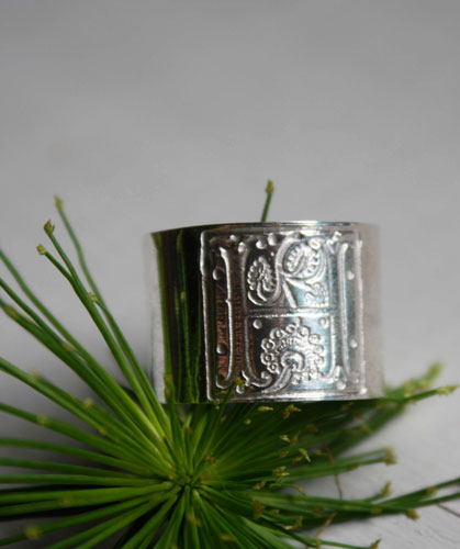 Medieval illumination, one square middle ages illumination initial ring in sterling silver