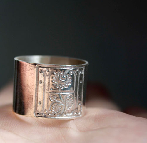 Medieval illumination, one square middle ages illumination initial ring in sterling silver