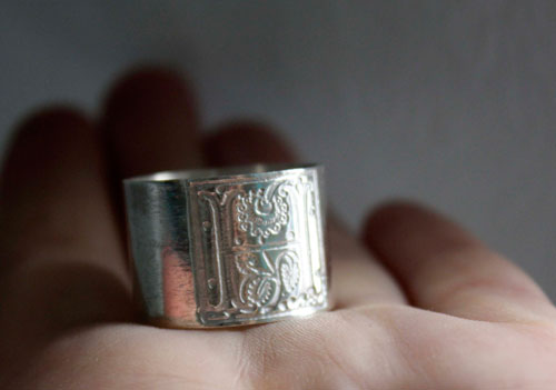 Medieval illumination, one square middle ages illumination initial ring in sterling silver