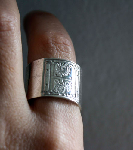 Medieval illumination, one square middle ages illumination initial ring in sterling silver