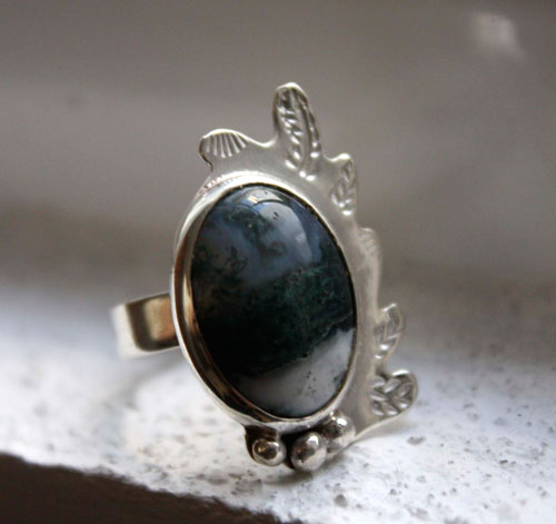 Moss leaf, winter forest ring in sterling silver and moss agate