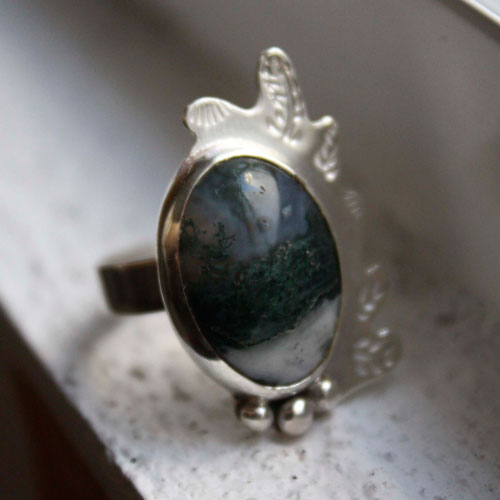 Moss leaf, winter forest ring in sterling silver and moss agate