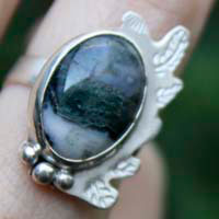 Moss leaf, winter forest ring in sterling silver and moss agate