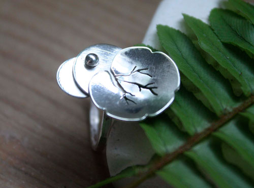 Nympheale, lily pad and lotus ring in sterling silver