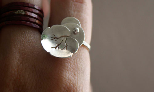 Nympheale, lily pad and lotus ring in sterling silver