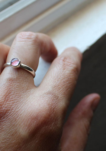 Pink bean, pink corundum sterling silver ring