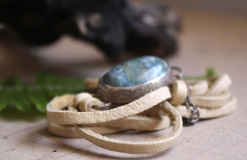 Poseidon, raging sea bracelet in sterling silver, leather and chrysocolla