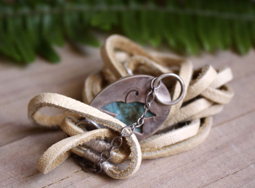 Poseidon, raging sea bracelet in sterling silver, leather and chrysocolla