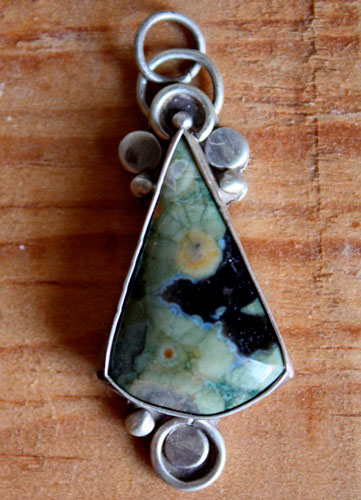 Quetzalcoatl, Aztec pyramid pendant in streling silver and rainforest jasper