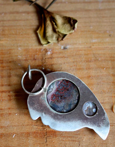 Sayap, draco volans pendant in sterling silver and mexican crazy lace agate