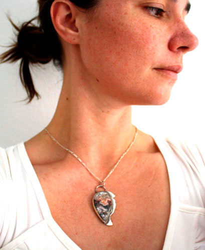 Sayap, draco volans pendant in sterling silver and mexican crazy lace agate