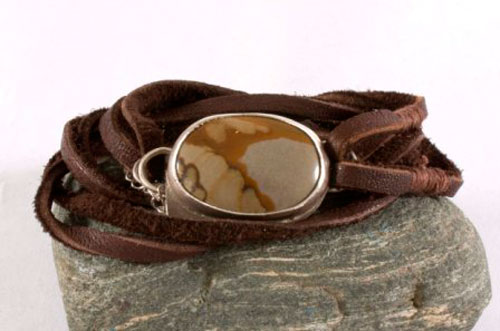 Shandar, picture jasper, leather and sterling silver man bracelet