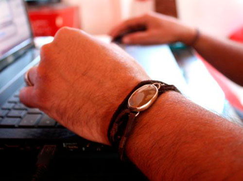 Shandar, picture jasper, leather and sterling silver man bracelet