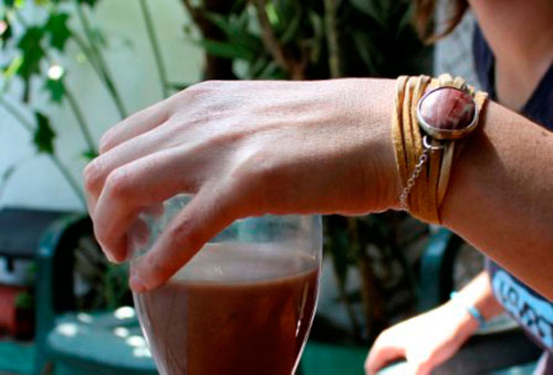 Shina, red sand bracelet in sterling silver, leather and picture jasper