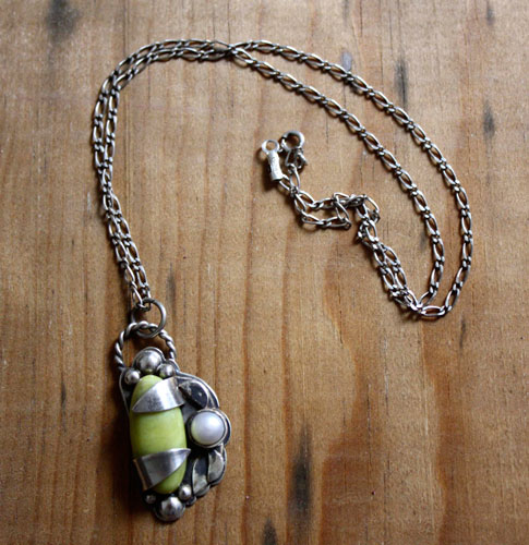 Shinju, Mother of pearl, lemon green aventurine sterling silver pendant