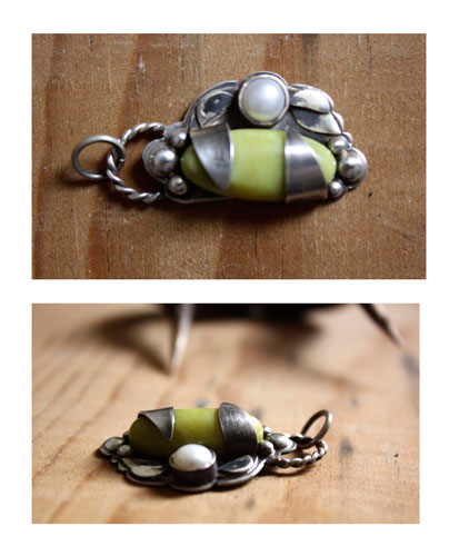 Shinju, Mother of pearl, lemon green aventurine sterling silver pendant